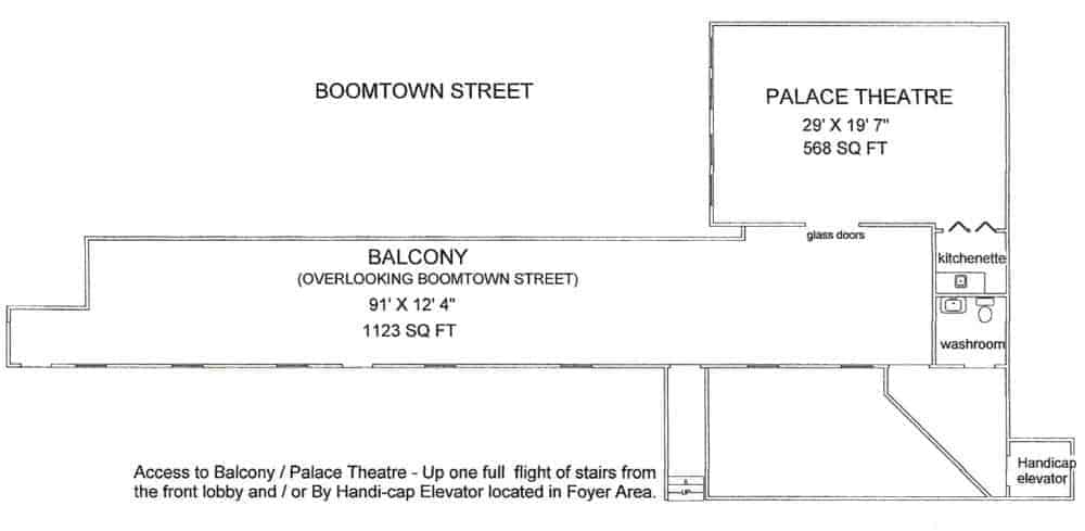 Floorplan of balcony and Palace Theatre rental rooms.