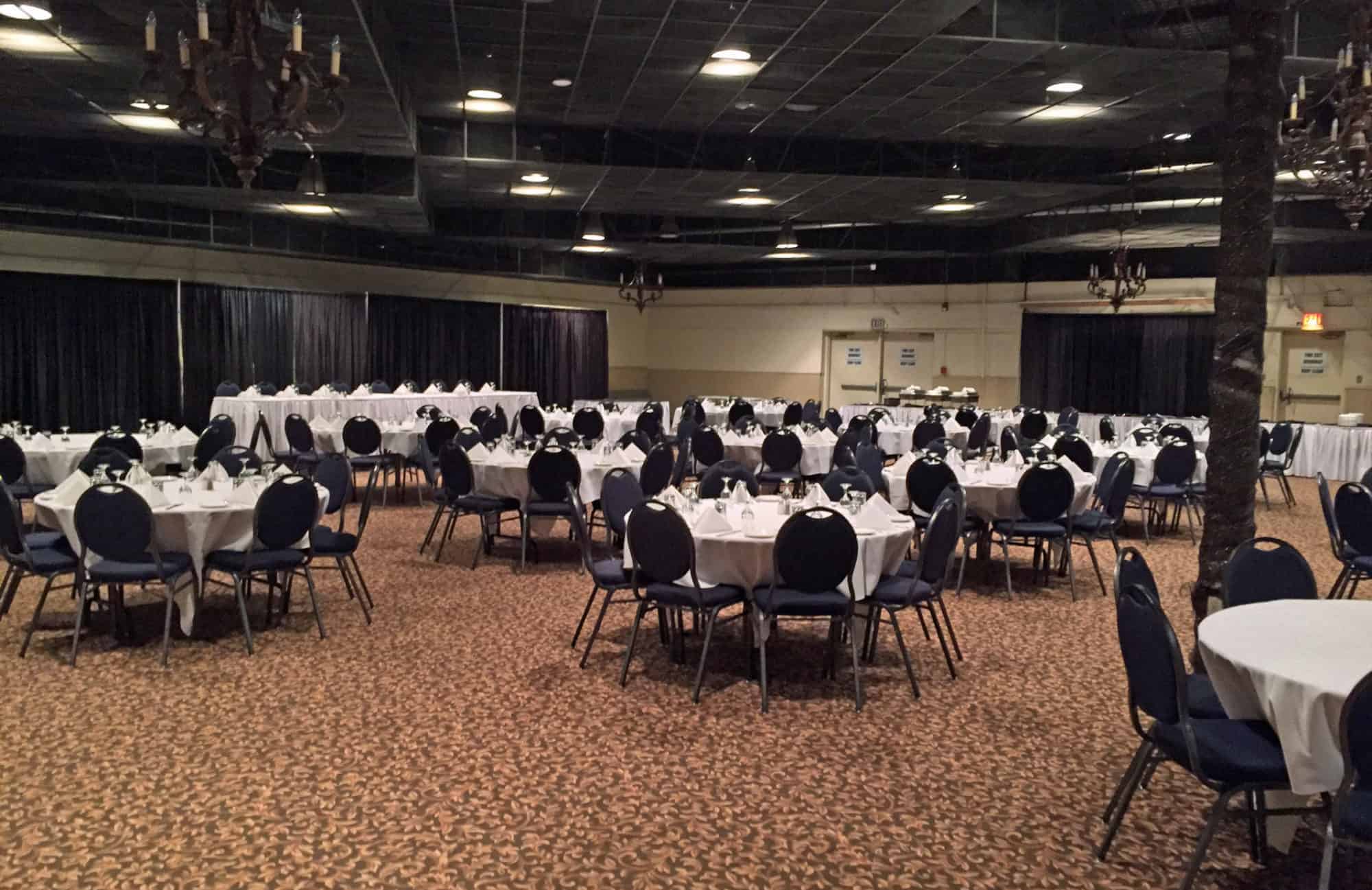 Banquet room set up with tables and chairs in Saskatchewan Hall.