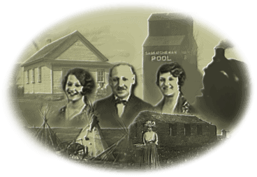 Collage of people with a farm yard and grain elevator in the background.