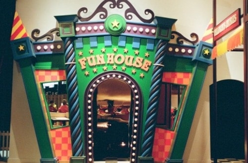 Brightly coloured fun house entrance