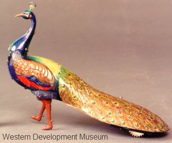 Large peacock with purple head, red legs and yellow, green and orange wings