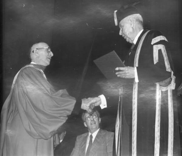 George Shepherd accepting Honourary Scroll from Diefenbaker