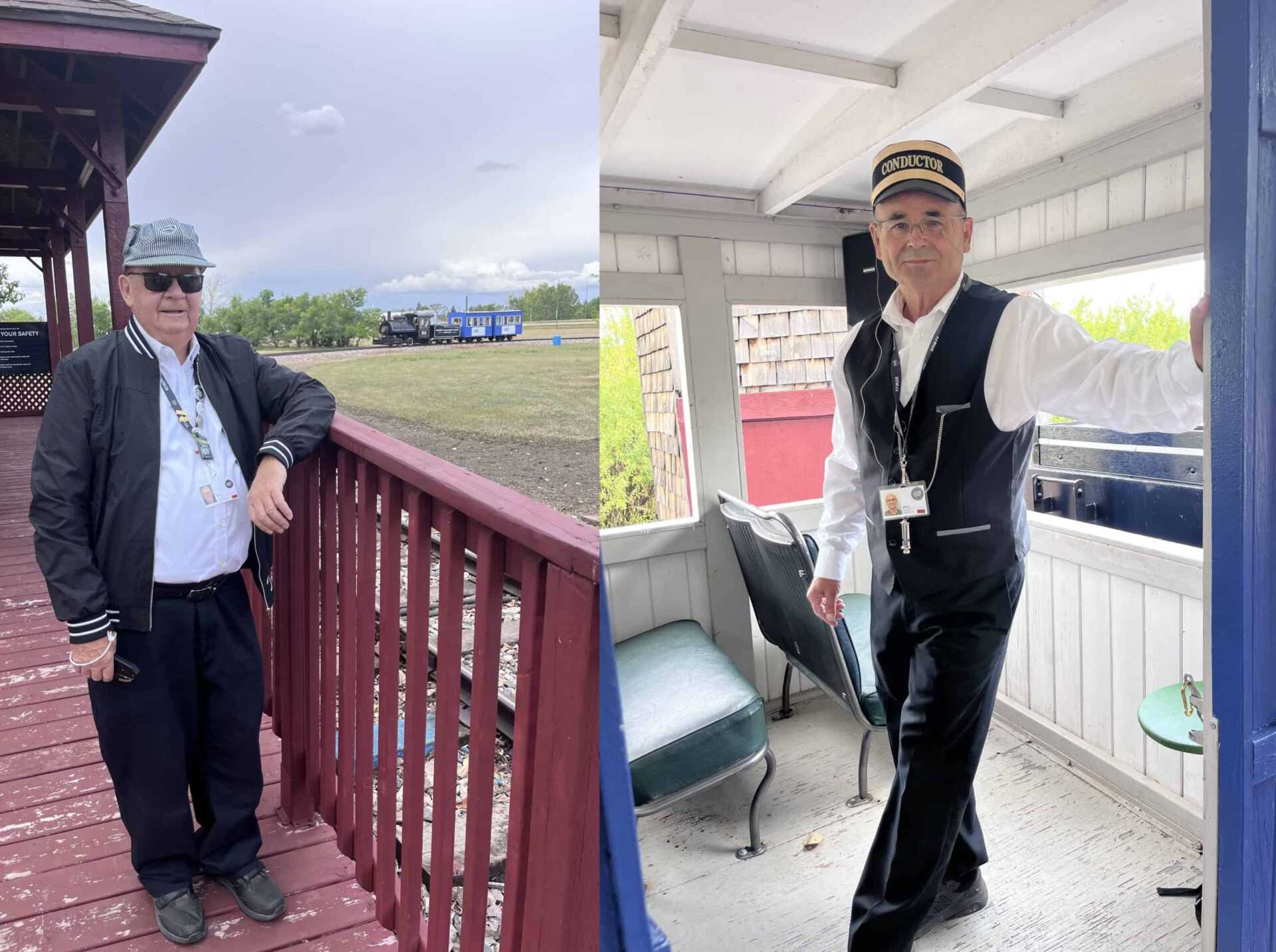 Two side by side photos. On the left is a photo of an older man on a small train platform. On the right is a man inside a train car.