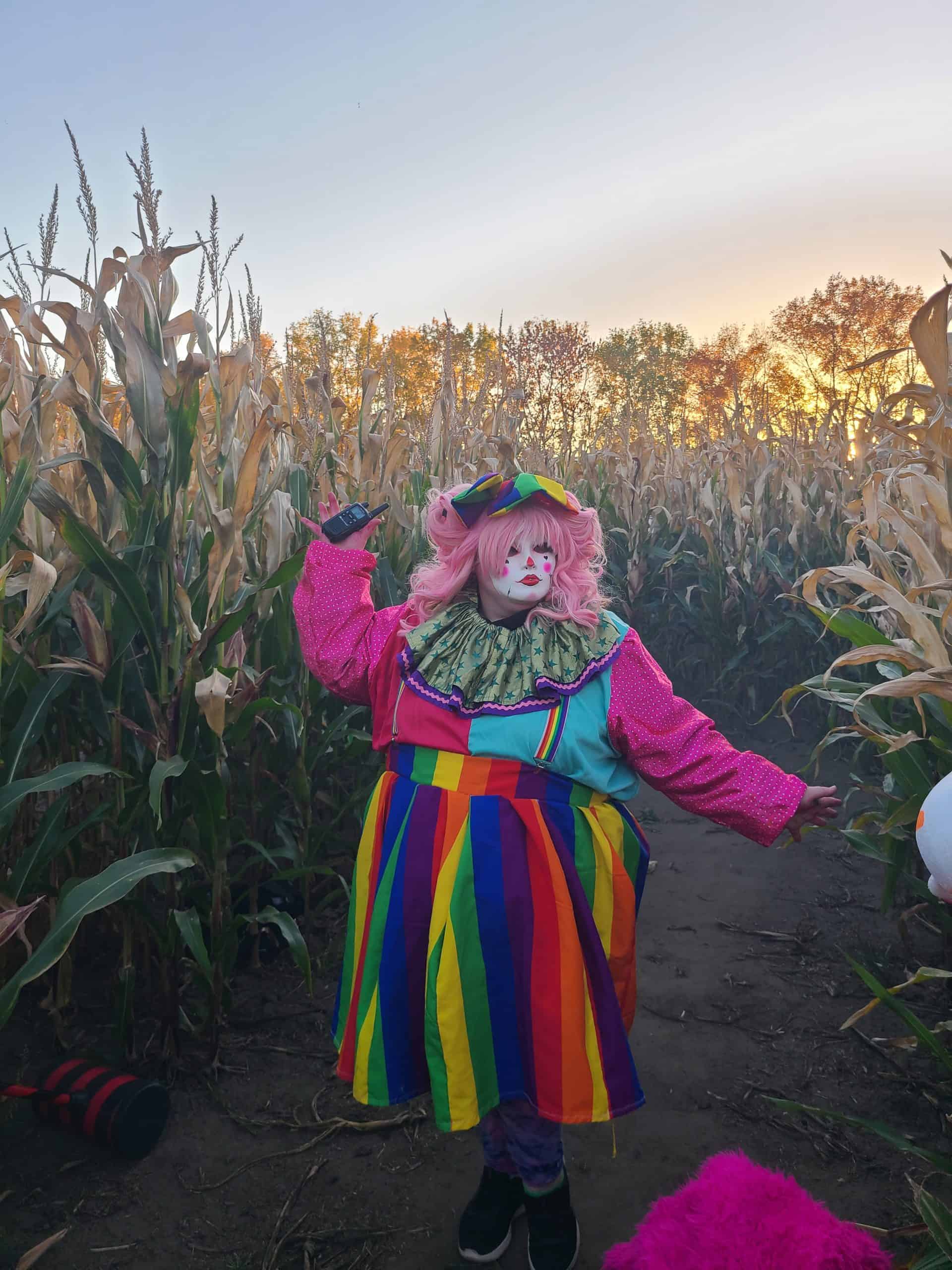 Woman in clown costume stand in a corn maze