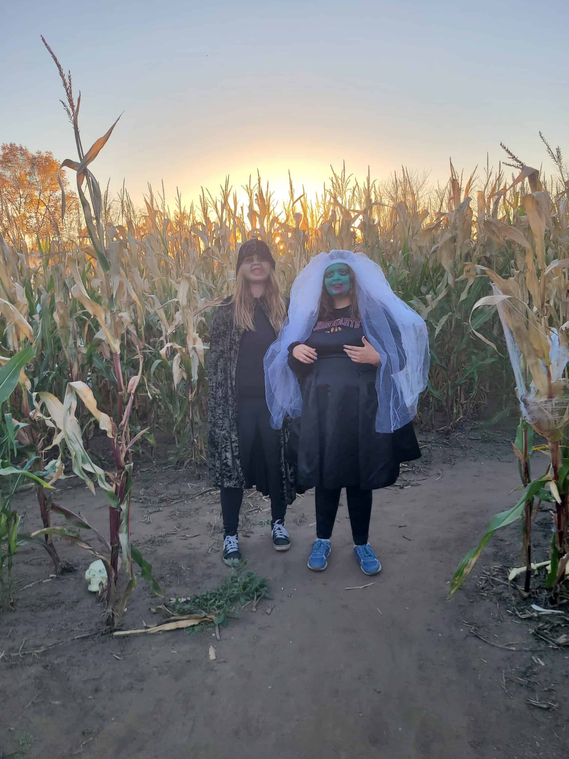 Two people in costumes stand in corn maze