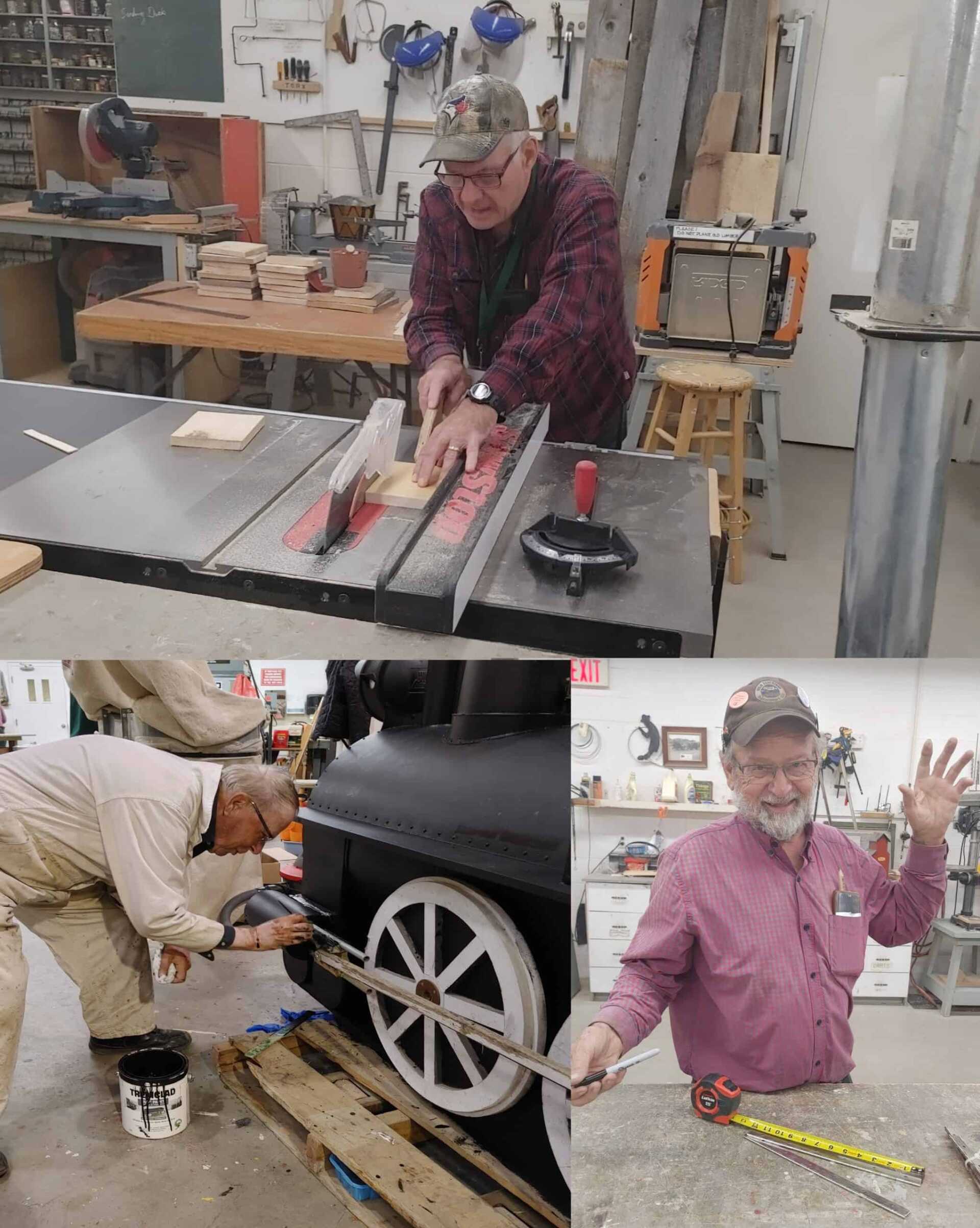 Three photos. The first shows a man using a table saw. The second shows a man painting the wheels of a train model. The third shows a man with a tape measure.