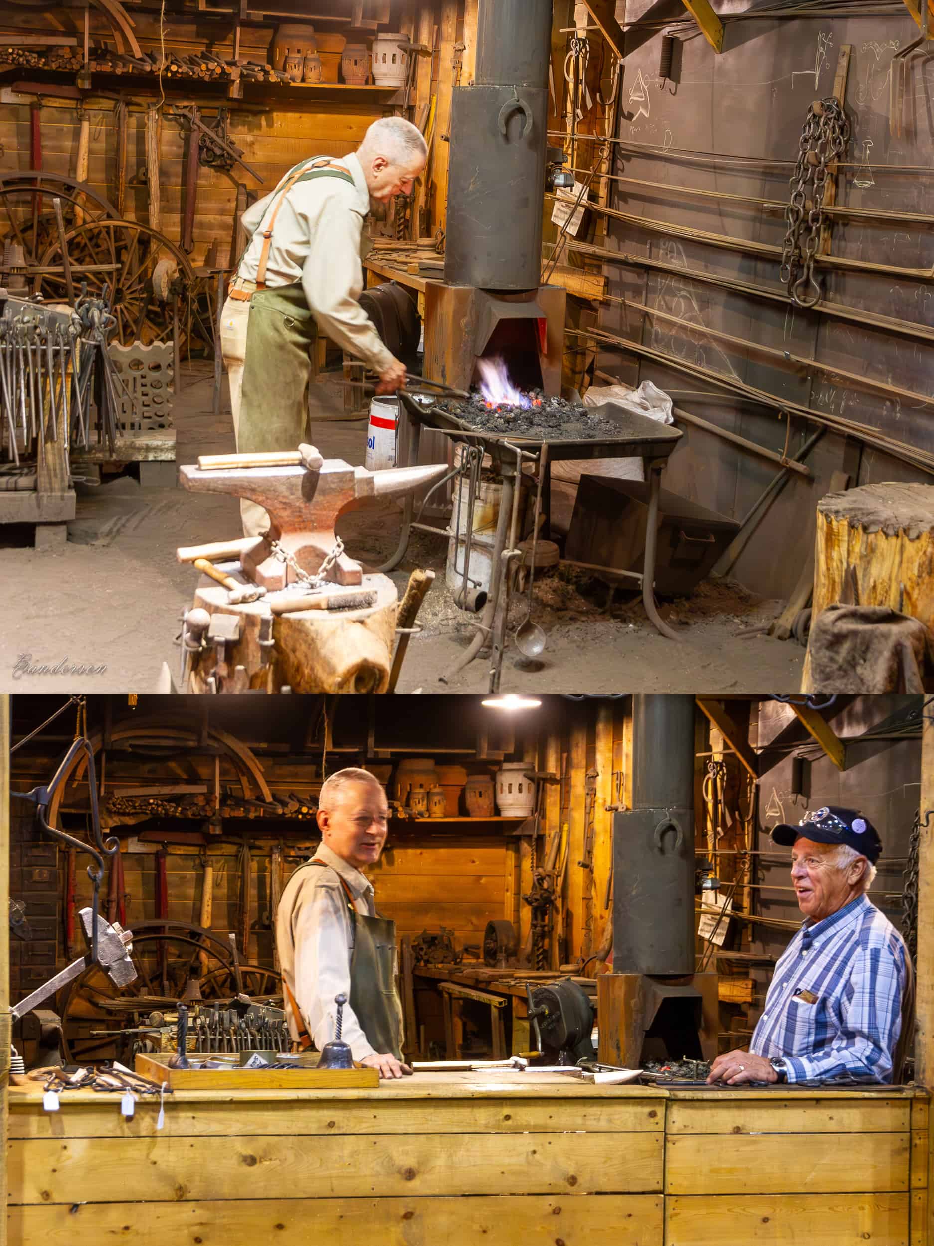 Two photos, one on top of the other. In the top photo, a blacksmith leans over a forge, stirring the coal with a fire poker. In the bottom photo, two men look out the front of a blacksmith shop.