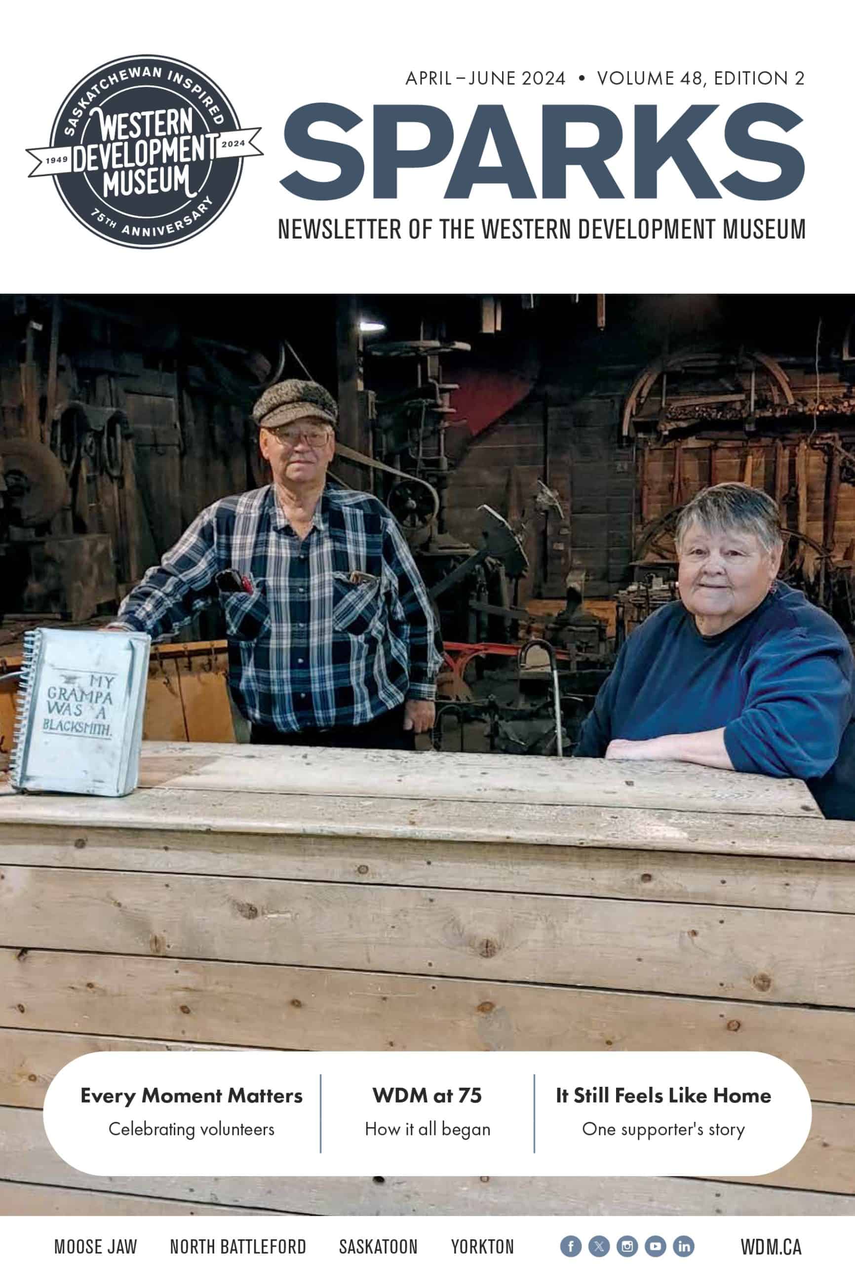 July to September SPARKS Newsletter cover. The image includes Men operating vintage agricultural machinery