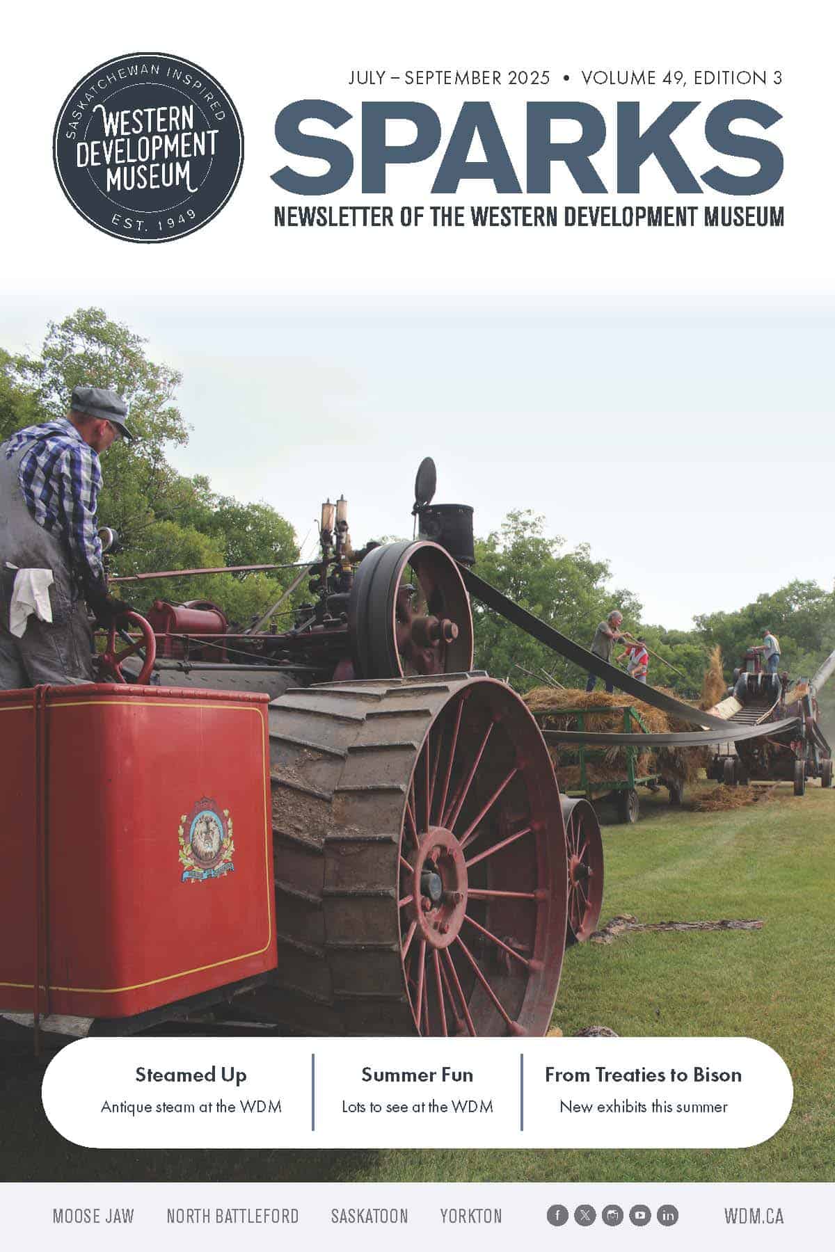 July to September SPARKS Newsletter cover. The image includes Men operating vintage agricultural machinery