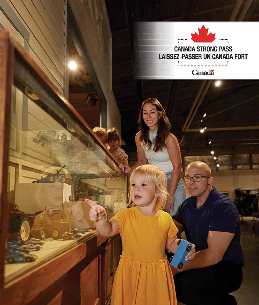A girl looking at an artifact in a museum, her parent stand behind her. In the top right corner is a bilingual visual identifier with ‘Canada Strong Pass’ and ‘Laissez-passer Un Canada fort’ in bold text. A dotted border suggests a ticket edge, a partial maple leaf sits at the top, and the Canada wordmark appears at the bottom.
